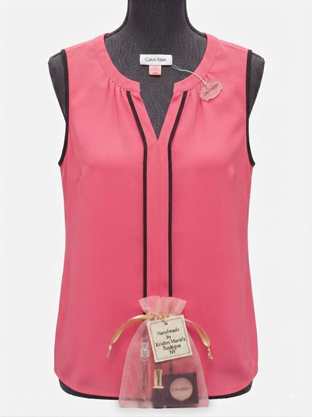 Calvin Klein Pink Sleeveless Blouse- M with Black Trim & Beauty Gift Bag